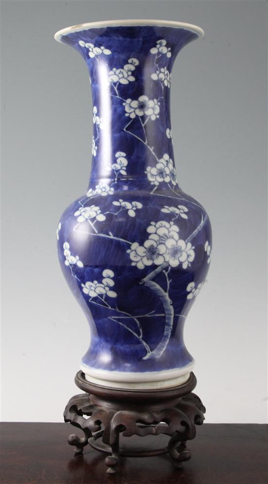 A Chinese blue and white yen yen vase, Kangxi mark, c.1900, 35cm, rosewood stand